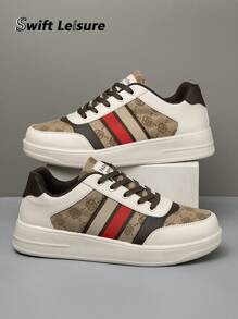 Men's Fashion Striped Floral Letter Patchwork Lace-Up Flat Sneakers, Outdoor Casual Athletic Shoes For Youths