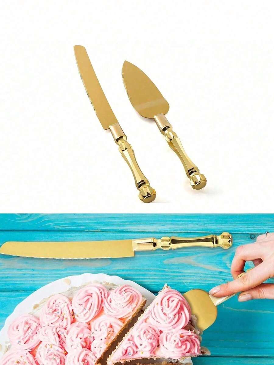Bộ 2 món dao cắt bánh cưới, gồm dao và thìa cắt bánh bằng thép không gỉ, lưỡi dao mạ vàng, cán bằng acrylic, món quà hoàn hảo cho đám cưới, tiệc cô dâu, kỷ niệm, tân gia và sinh nhật. - Nhiều màu - Xem 1