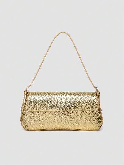 1 pieza Bolso de mano de PU de alta gama con estampado de tejido minimalista y elegante, bolso de hombro adecuado para compras, salidas, fiestas, bolso de oficina para mujeres