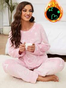 2pcs Women Fluorescent Cute Heart, Star, Moon Flannel Casual Thickened Warm Sleepwear Set, Crew Neck Long Sleeve Top And Elastic Waist Pants, Suitable For Spring, Summer, Autumn, Winter, Fall Clothes, Fluffy Pajama, Cozy - Pink - View 3