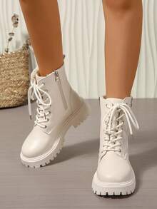 2025秋冬新款女鞋保暖女靴时尚百搭休闲女鞋真皮踝靴平底短靴系带侧拉链女靴经典款靴子