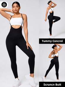 Jumpsuits For Women Workout Seamless Sleeveless Spaghetti Strap Romper Jumpers Yoga One Piece Tank Tops Rompers Sleeveless Exercise Jumpsuit - Black - View 2