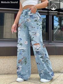 Mobula Sound Floral Print Proste Nogawki Podarte Jeansy, Codzienna Moda Y2K Młode Seksowne Spodnie Na Festiwal Muzyczny Dla Kobiet, Wiosna/Lato - Niebieski - Zobacz 4