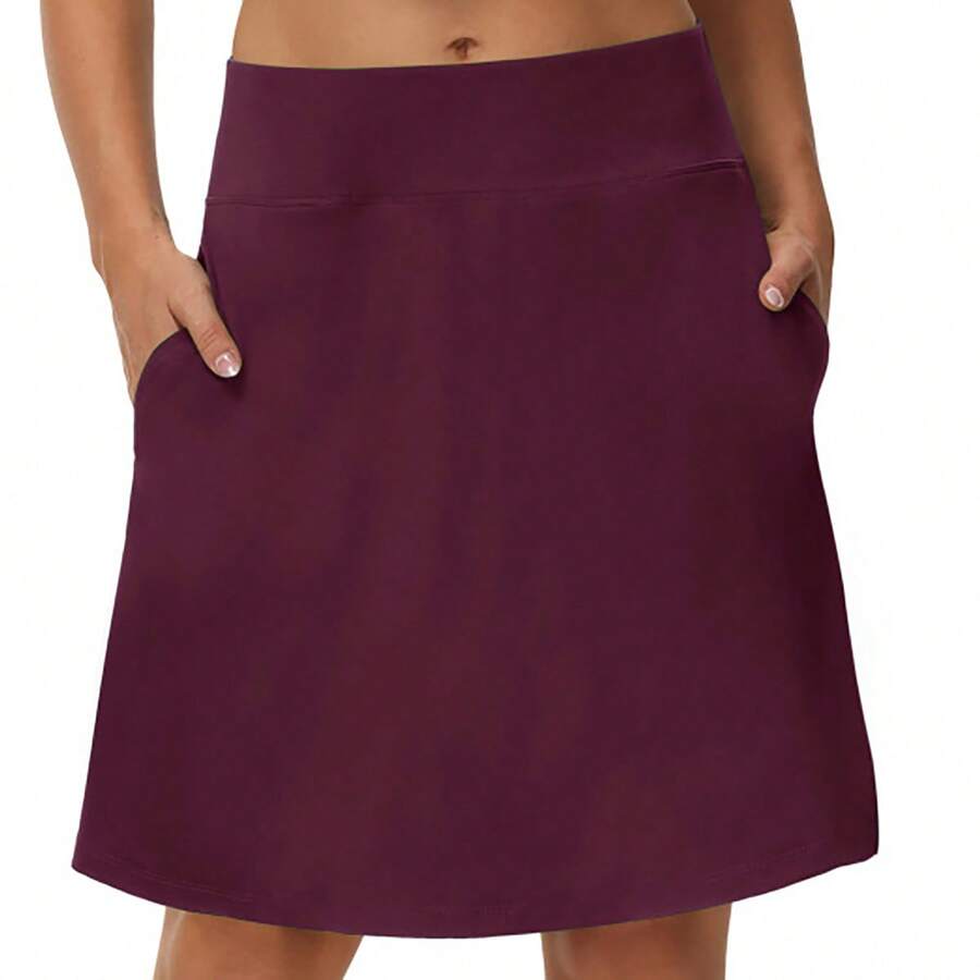 Woman Skorts Skirts With Multi Pockets High Waisted Golf Tennis Skirts Knee Length Long Skort For Women Drawstring Dressy Casual Summer Skirts - 紅色 - 查看 1