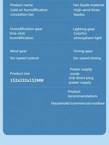 Portable Air Conditioner Fan Household USB Air Cooler 6H Timer Air Cooler Fan 6 Speeds Desktop 300ML Water Tank Air Conditioner