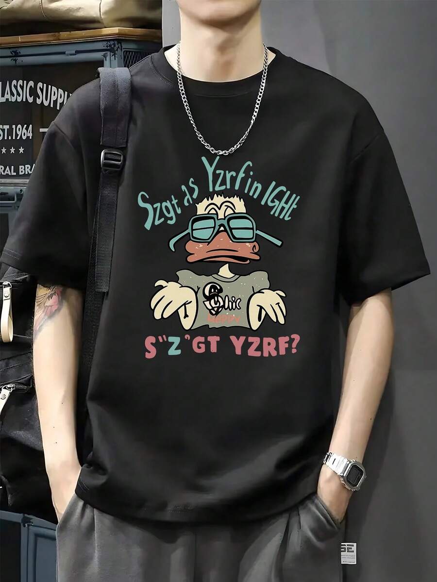 200g Cotton T-Shirt 2025 Men's New Short-Sleeved Cotton Vacation Pattern Short-Sleeved Crew Neck Matching Look - 黑色 - 查看 1