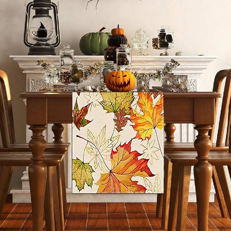 1/25pcs Autumn Maple Leaf Watercolor Table Runner, Seasonal Colorful Botanical Farmhouse Kitchen Home Decor, Thanksgiving Party Supplies, Holiday Gift, Room Decoration, Dining Table Decor - XYZQ37 - View 1