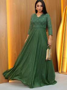 Long Party Dress For Godmother, Discreet Graduation, EF Pattern, Long Sleeve - verde oliva - 查看 1