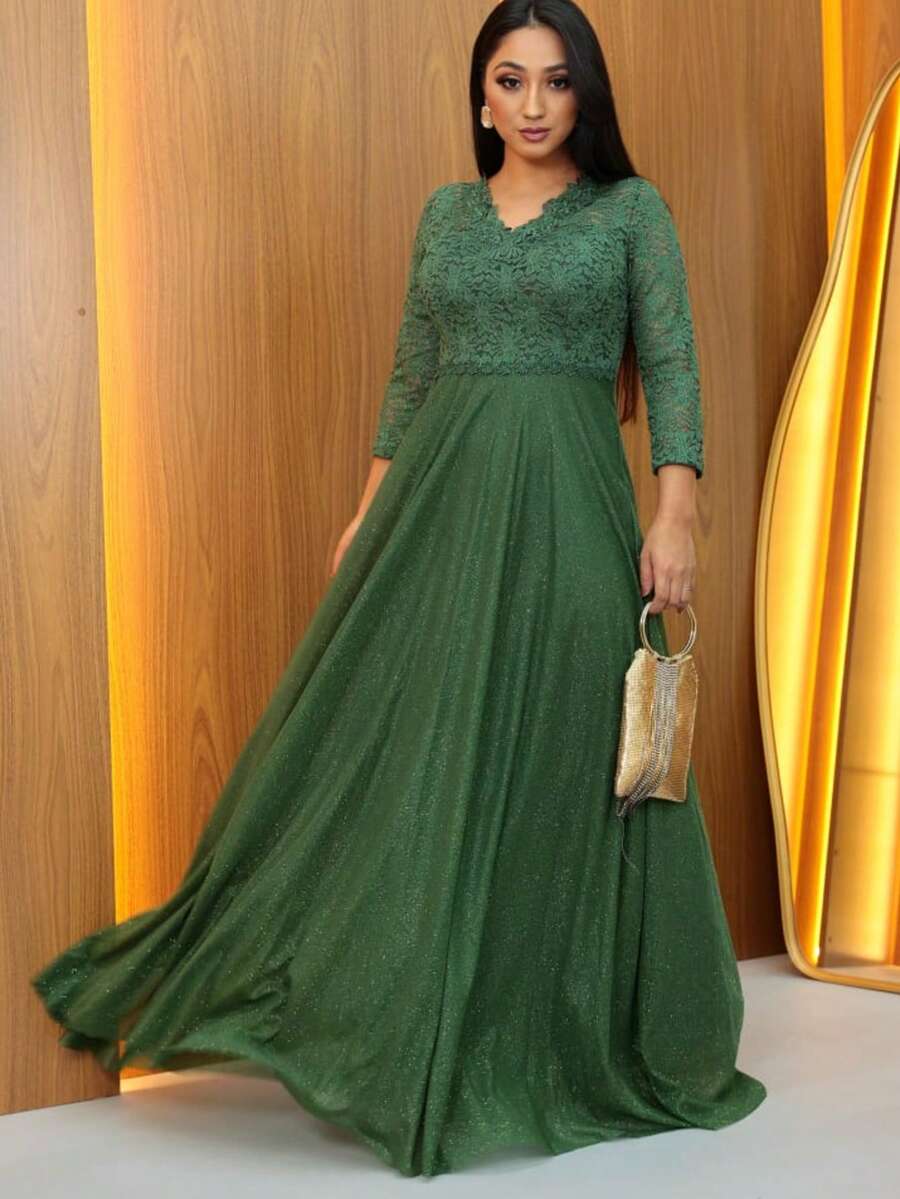 Long Party Dress For Godmother, Discreet Graduation, EF Pattern, Long Sleeve - verde oliva - 查看 1