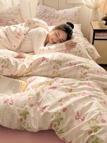 3 件套加厚涤纶清新印花可水洗床上用品套装，适合男孩和女孩宿舍，包括 1 个羽绒被套和 2 个枕套（无填充物）