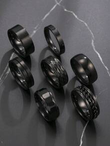 7件套黑色不锈钢极简复古戒指套装，男女皆宜的百搭配饰，新年、情人节必备，送礼佳品 - 黑色 - 查看 12