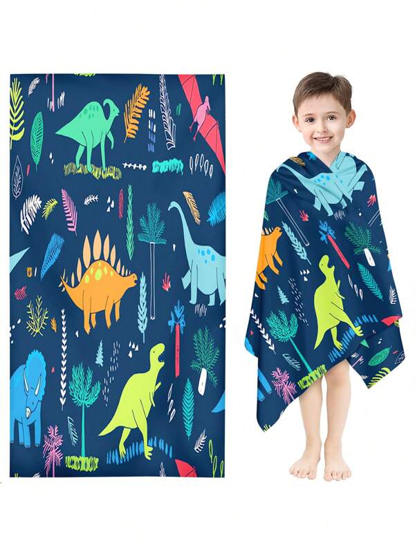 1 PIEZA Toalla de playa para niños con patrón divertido de mundo de dinosaurios, hecha de material de poliéster con estampado digital que absorbe el agua y se seca rápidamente, adecuada para uso diario en la playa para niños y niñas