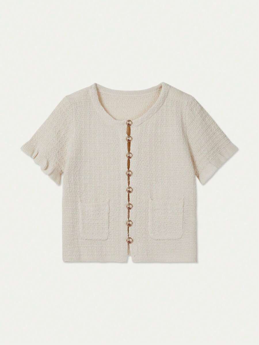 FOR BEAUTY Women's Spring/Summer New Knit Top, Minimalist Casual Style, Short Sleeve Button Round Neck Ruffle Trim, Work Wear, New Year - White - View 1