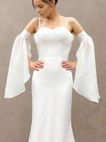 1对优雅女士可拆卸长袖雪纺臂套，适合欧美跨境新娘的单层袖，薄雪纺系带弹力透气走秀可拆卸喇叭袖蝙蝠袖，适合日常婚礼穿着，时尚装饰配饰