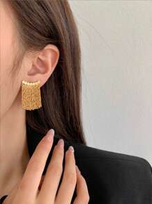 1 Pair Crescent Shaped Fringed Earrings, Minimalist & Versatile