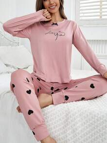 Women's Heart Pattern Long Sleeve Top & Pants Casual Pajama Set, Suitable For Spring And Autumn, Fall Winter Clothes - Multicolor - View 1