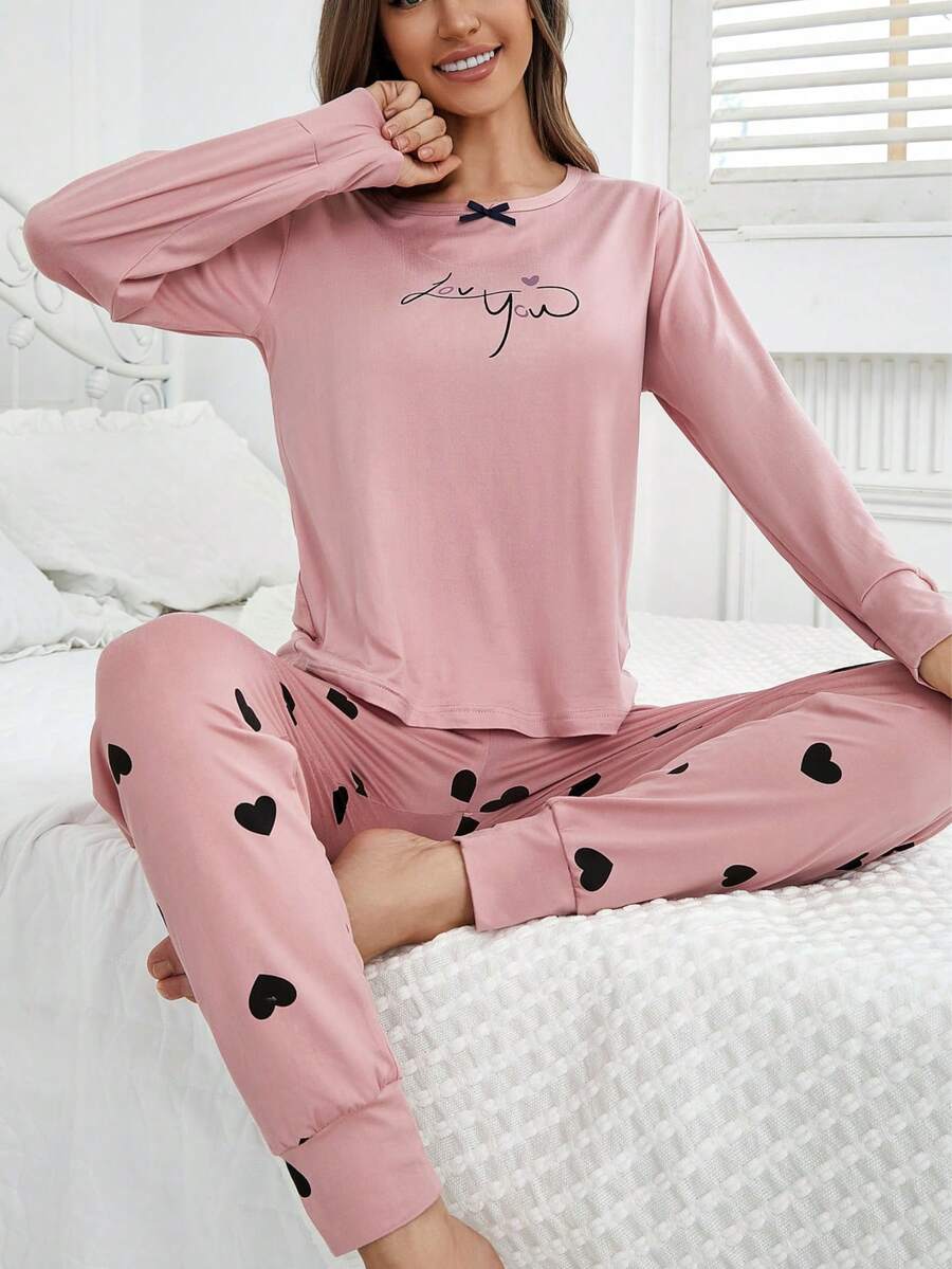 Women's Heart Pattern Long Sleeve Top & Pants Casual Pajama Set, Suitable For Spring And Autumn, Fall Winter Clothes - Multicolor - View 1