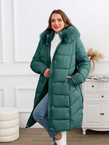 Giolshon Women's Plus Size Minimalist Long Hooded Jacket With Belt And Faux Fur Collar - Suitable For Autumn/Winter - Green - View 4