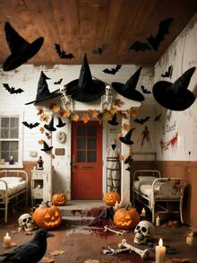 19pcs/Set Halloween Witch Hat + 3D Bat Stickers + Fishing Line Set, Costume Accessories For Role Play, Carnival, Festivals. Thick Hanging Black Wizard Hat For Men, Women, Children, Indoor & Outdoor Party Decor