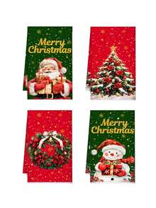 4Pcs 40*60cm/15.74*23.63inch Christmas Wreath Gold Snowflake Red Background Green Background Cleaning Cloth Dish Towel Santa Claus Christmas Tree Holiday Towel Home Kitchen Absorbent Cloth Holiday Tabletop Decor Fabric Christmas Party Decoration Cleaning Decor, Suitable For Christmas Home Kitchen Hand Towel, Decorative Towel. - Multicolor - View 1