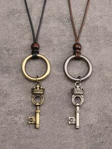 1pc Fashionable Luxury Minimalist Mixed Geometric Golden & Silver Asymmetrical Twist Pattern Double Ring Alloy Pendant Necklace, Wax Cord Knotted Long Chain, Gift For Mother Or Girlfriend - Geometric - View 13