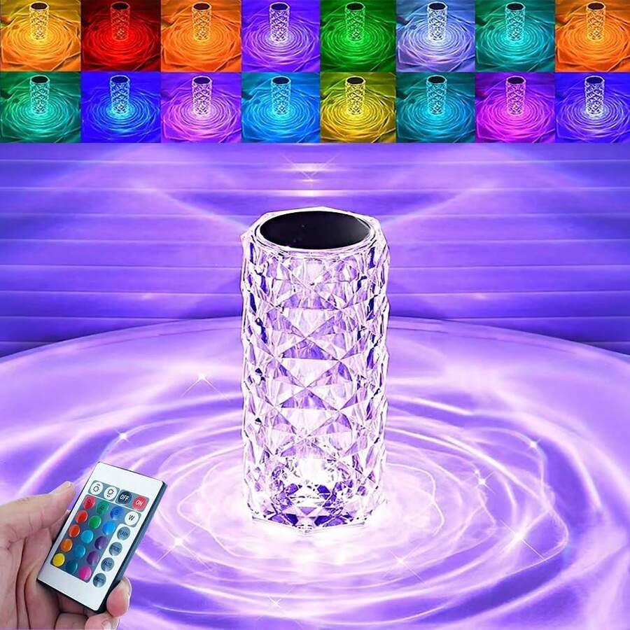 16-Color Rose Ambient Light Crystal Table Lamp RGB Color Changing Night Light,Romantic LED Rose Diamond Touch Lamps For Living Room (Remote & Touch)