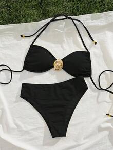 新款纯色软垫前金属装饰细肩带露背性感优雅派对比基尼套装，夏季沙滩时尚性感优雅女士比基尼度假黑色 - 黑色 - 查看 5