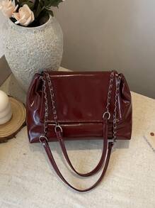 春季新款链条肩带托特包百搭大容量单肩斜挎包翻盖腋下法棍包女通勤包 - 酒紅色 - 查看 5