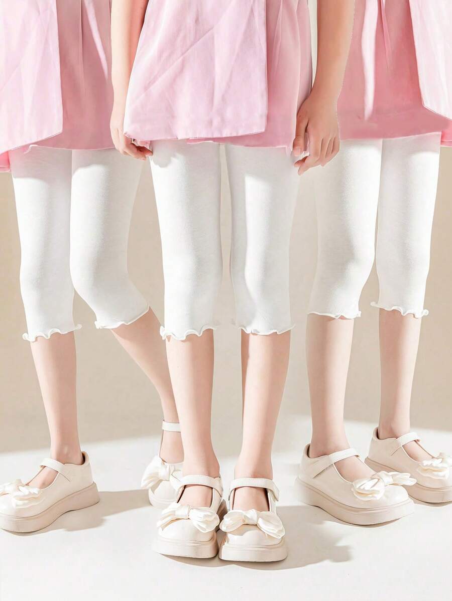 3pcs/Set Kids Solid Color 7/10 Length Leggings With Ruffle Hem, Stretchy - White - View 1