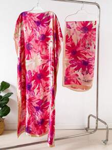 1pc Faux Silk Printed Robe, Shawl & Small Scarf Set, Women Coverup For Beach, Sun Protection, Daily Wear