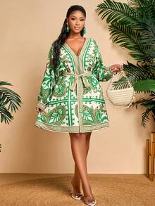 BIUBIU Women's Plus Size White Green Floral Deep V-Neck Long Sleeve Belted Waist Midi Dress Casual Vacation Retro Fashion Dress - Green - View 1