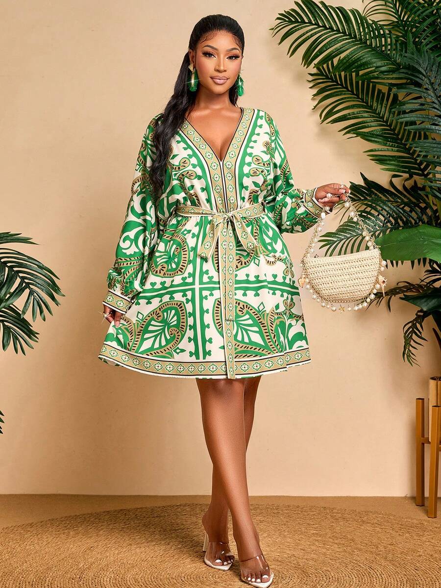 BIUBIU Women's Plus Size White Green Floral Deep V-Neck Long Sleeve Belted Waist Midi Dress Casual Vacation Retro Fashion Dress - Green - View 1