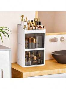 1 件梳妆台化妆品收纳盒，可折叠和滑动门设计，透明盖化妆品展示柜，大容量护肤品和化妆品收纳盒，送给女性的理想礼物，适合卧室和浴室梳妆台，用于存放口红、刷子、指甲油，适合假日海滩、浴室收藏、卧室收藏，大容量 - 彩色 - 查看 11