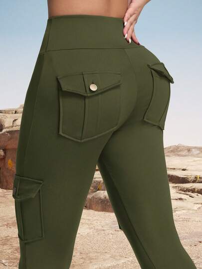 Women's Camouflage Pattern Outdoor Cargo Leggings, Pockets & Butt Lifting Outdoor Skinny Pants, Sports Workout Tight Pants