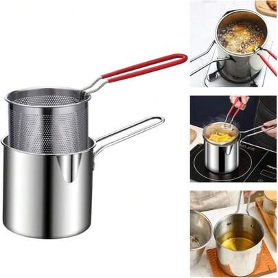 Olla freidora de 1200 ML, olla de acero inoxidable 304 para freír profundo con mango largo y cesta para freír, ideal para patatas fritas, pollo, tempura japonesa, conveniente para llevar de camping
