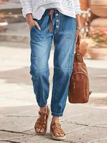 四季新款简约优雅气质高街女直筒牛仔裤水洗纯色裤脚抽绳裤