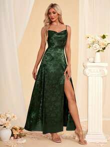 Cowl Spaghetti Straps A-Line Jacquard Satin Maxi Dress