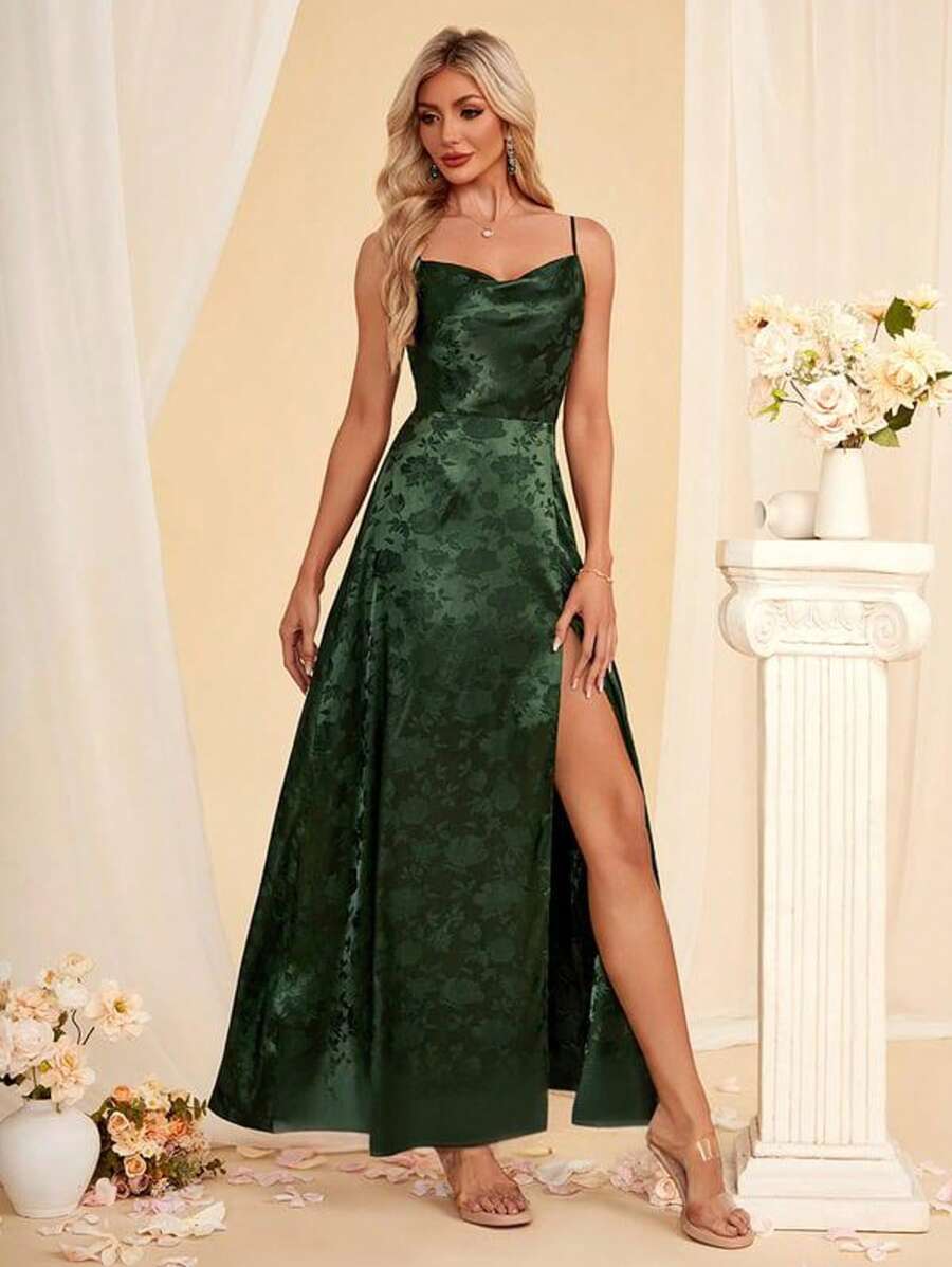 Cowl Spaghetti Straps A-Line Jacquard Satin Maxi Dress