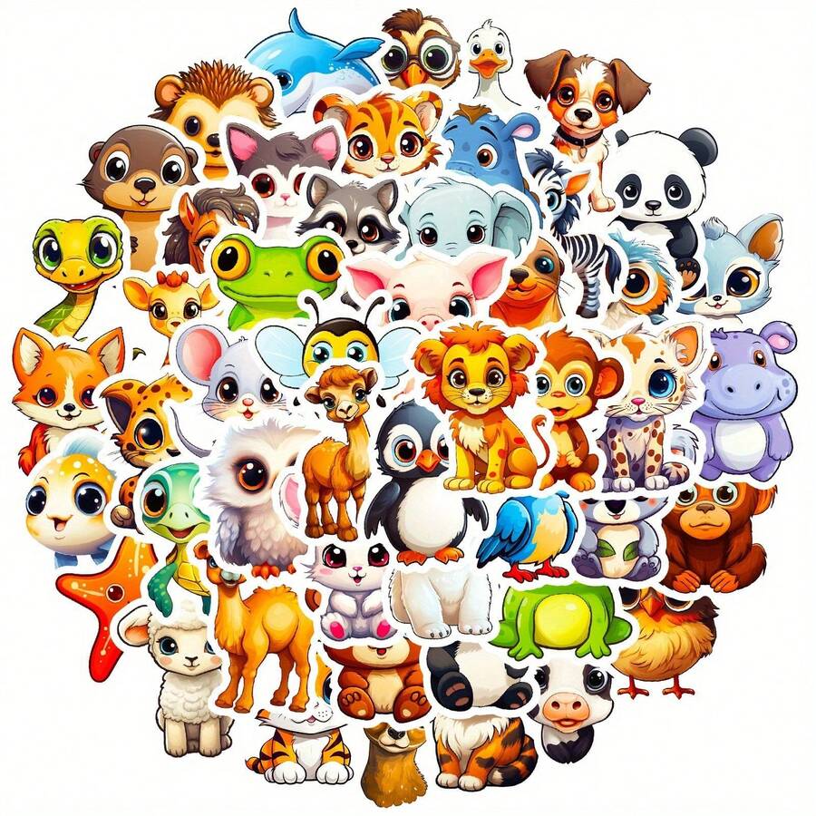 50 Huaiyuan Kawaii Big Eyed Animal Stickers - Waterproof, Reusable Decals With Whimsical Cartoon Designs For Laptops, Skateboards, Luggage, And Water Bottles - Bright Party Gifts And DIY Decorations, Fun Stickers