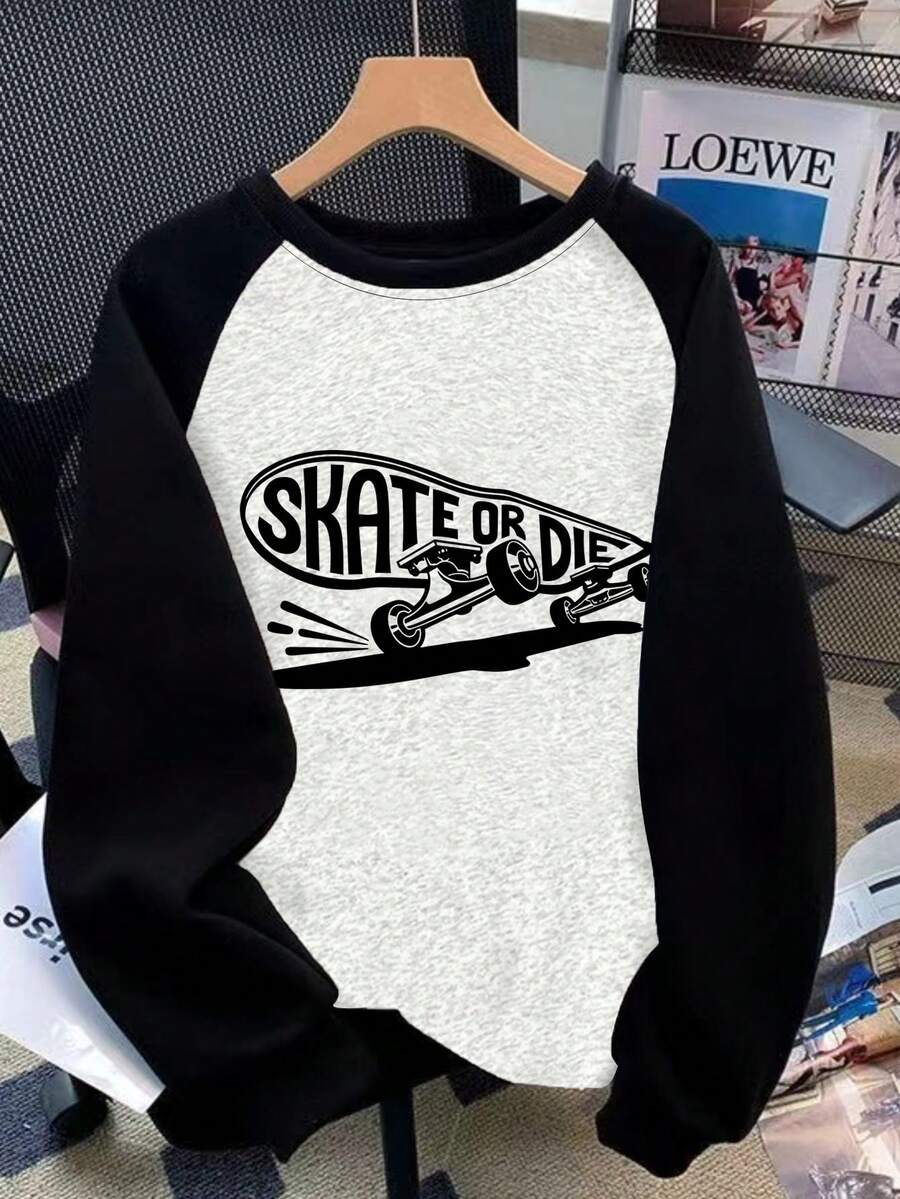 Boys' Round Neck Skateboard Letter Print Contrast Color Long Sleeve Cartoon Print T-Shirt, Autumn/Winter New Arrival - Grey - View 1