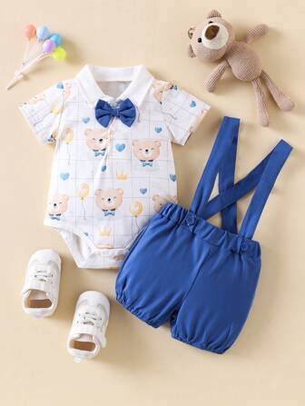 2 Piezas Conjunto de verano para recién nacido niño con estampado de dinosaurio jinete: body tipo triángulo de manga corta combinado con un moño y pantalones cortos con tirantes. Un conjunto de pequeño caballero, ideal para uso diario, salidas al aire libre o fiestas de cumpleaños de niños de 0 a 1 año