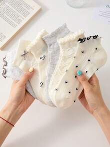 4 双黑白女士荷叶边甜美休闲洛丽塔芭蕾风格踝袜，图案：心形、蝴蝶结，优雅短袜，适合所有季节，随机发货 - 白色 - 查看 10