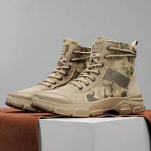 بوت عمل عالية الكاحل بطبعة الكاموفلاج للرجال، تصميم إغلاق بالرباط، بوت خارجية عتيقة، بوت تنفس عصرية مضادة للانزلاق، مناسبة للسفر الخارجي، بوت صحراوية - كاكي - مشاهدة 3