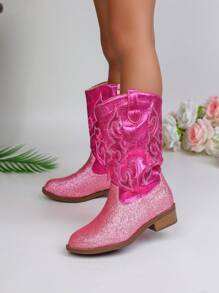 Autumn/Winter New Children's Boots, Embroidered Fashion Western Cowboy Boots, Pointed Toe Chunky Heel Lightweight Stylish Ankle Boots, Suitable For Older Kids Girls Outdoor, Party, Play