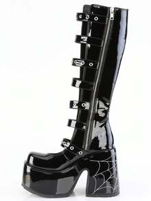 Y2k Style Women's Knee High Boot Solid Color  Buckle Round Toe Punk Motorcycle Nightclub Cosplay Shoes - Black - View 11