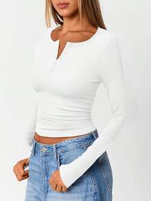 Womens Long Sleeve Shirts Henley Casual Outfits Slim Fitted Polyester Tops Ribbed Fashion Basic Tees 2026 Light And Breathable - trắng - Xem 3