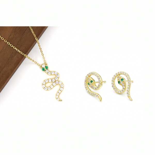 925 Silver Shiny Gold Snake Jewelry Set, Earrings & Necklace Combo With Rhinestones And Green Accents, Unique Design Expressing Personalized, Suitable For Daily Wear, Dates, Parties, Creative Events