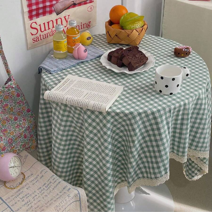 1 件复古花卉蕾丝边经典多色格子装饰防尘罩,适合日常装饰和节日 - 綠色 - 查看 1