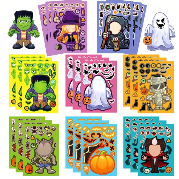 8 Halloween-puzzelstickers - Maak een gezicht, matte afwerking, zelfklevend, PVC, onregelmatige vorm, Engelstalig, eenmalig gebruik, voor doe-het-zelf-plakboeken, laptops, computers, telefoons, gitaren en bagagedecoratie | Halloween-cadeau