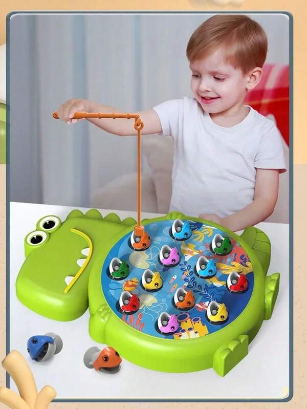 Juego de pesca de dinosaurios festivos: juega y es resistente a caídas, de plástico, para edades de 3 a 6 años, sin electricidad, juguete de pesca magnético con peces y accesorios de colores aleatorios
